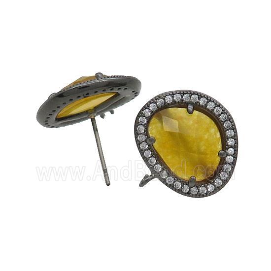 Yellow Jade Stud Earring Copper Pave Zircon With Loop Black Plated