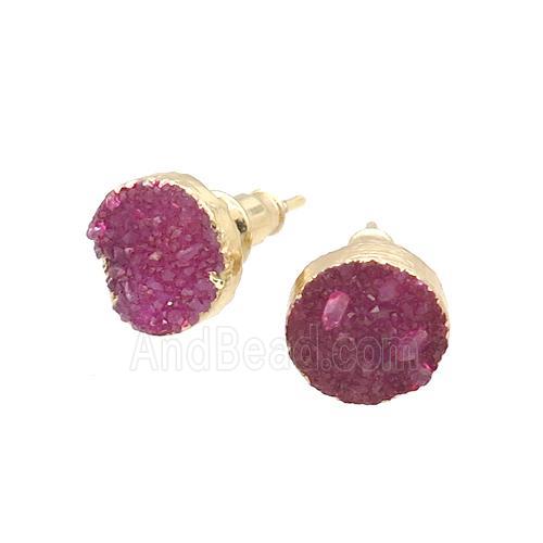Pink Agate Druzy Stud Earring Circle Dye Gold Plated