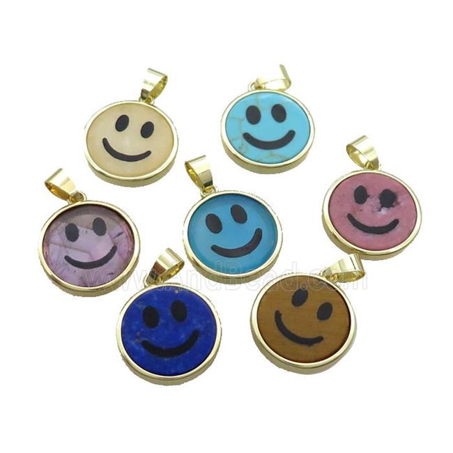 Mixed Gemstone Emoji Pendant Smileface Circle Gold Plated