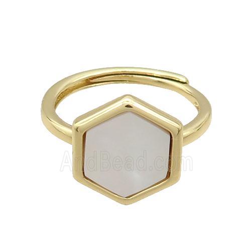 Copper Ring Pave White Pearlized Shell Hexagon Adjustable Gold Plated