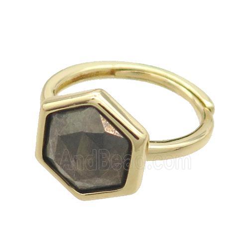 Pyrite Copper Ring Hexagon Adjustable Gold Plated