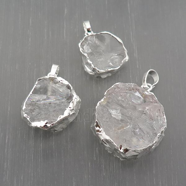 Hammered Clear Quartz Pendant Circle Silver Plated