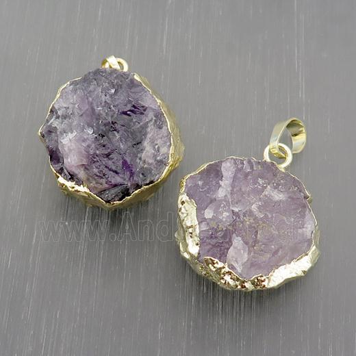 Hammered Amethyst Pendant Circle Purple Gold Plated