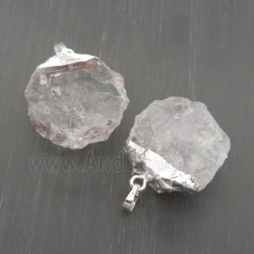 Hammered Clear Quartz Pendant Circle Silver Plated