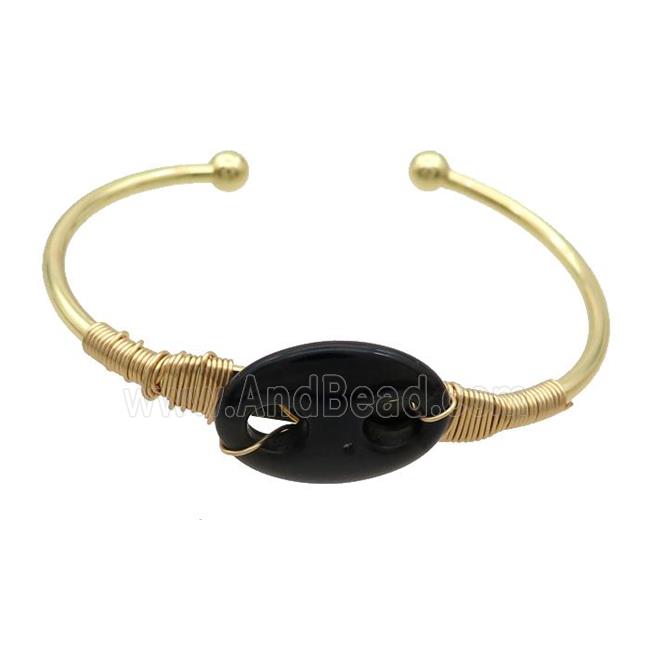 Copper Bangle With Black Onyx Agate Wire Wrapped Gold Plated