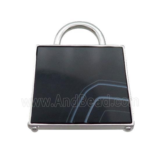 Natural Black Agate Bag Pendant Platinum Plated