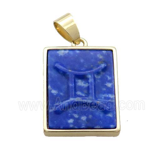 Natural Blue Lapis Lazuli Pendant Zodiac Gemini Rectangle Gold Plated