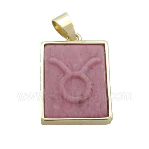 Natural Pink Wood Lace Jasper Pendant Zodiac Leo Rectangle Gold Plated