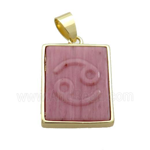 Natural Pink Wood Lace Jasper Pendant Zodiac Cancer Rectangle Gold Plated