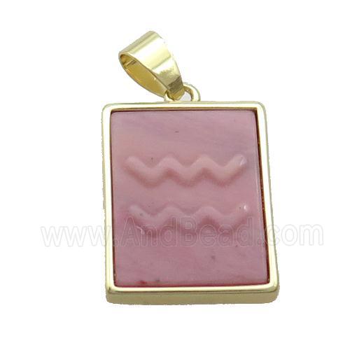 Natural Pink Wood Lace Jasper Pendant Zodiac Aquarius Rectangle Gold Plated