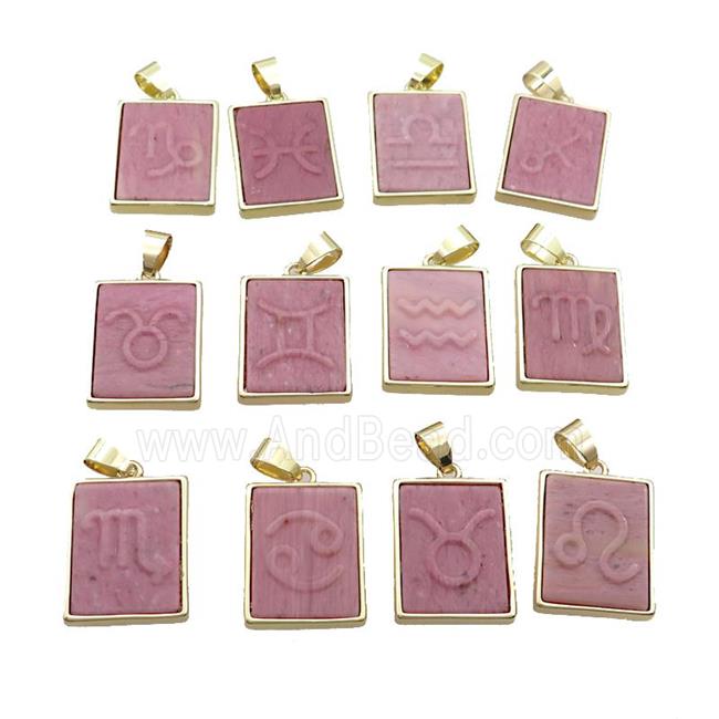 Natural Pink Wood Lace Jasper Pendant Zodiac Mixed Rectangle Gold Plated