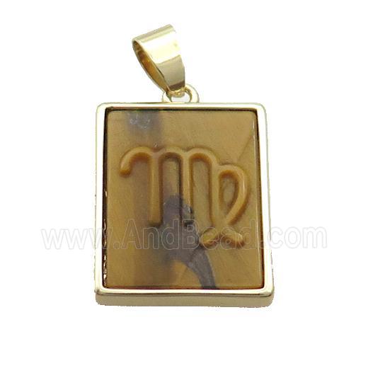 Natural Tiger Eye Stone Pendant Zodiac Virgo Rectangle Gold Plated