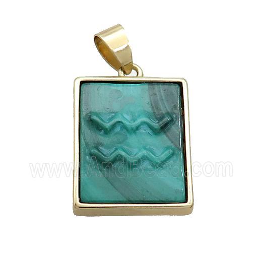 Natural Malachite Pendant Zodiac Aquarius Green Rectangle Gold Plated