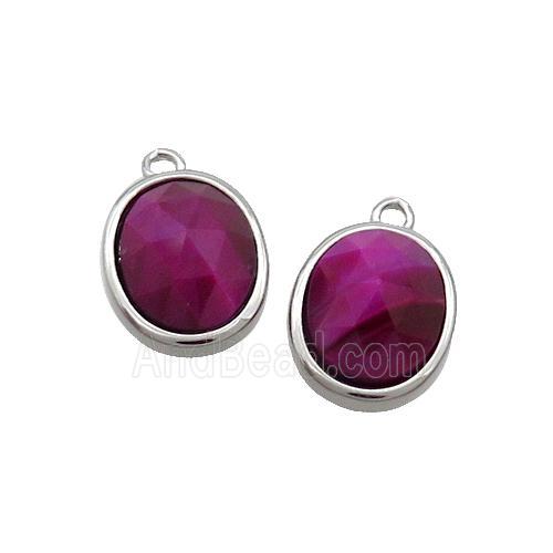 Fuchsia Tiger Eye Stone Oval Pendant Platinum Plated