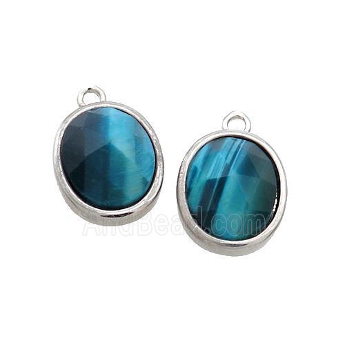 Blue Tiger Eye Stone Oval Pendant Platinum Plated
