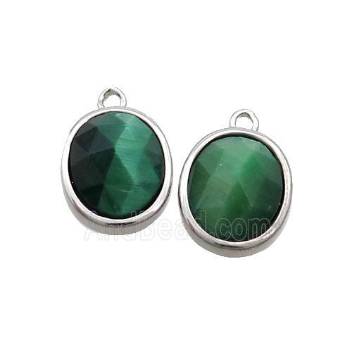Green Tiger Eye Stone Oval Pendant Platinum Plated