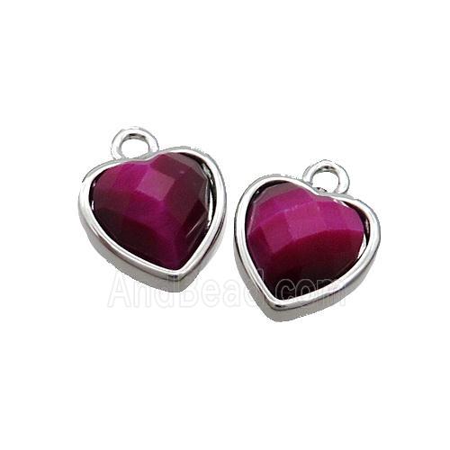 Fuchsia Tiger Eye Stone Heart Pendant Platinum Plated