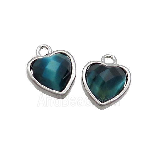 Peacock Blue Tiger Eye Stone Heart Pendant Platinum Plated