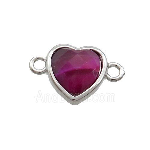 Fuchsia Tiger Eye Stone Heart Connector Platinum Plated