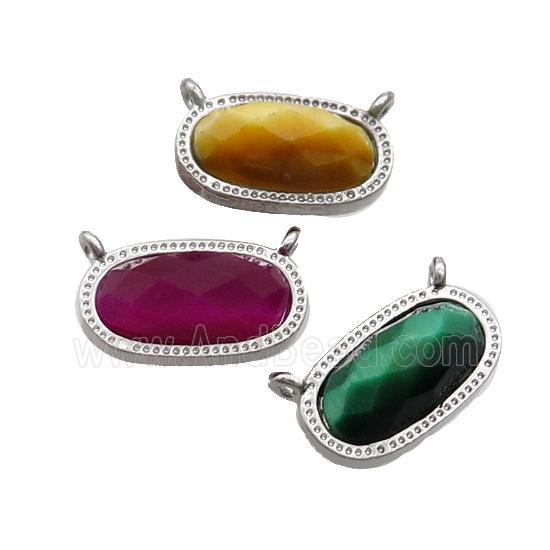 Mixed Tiger Eye Stone Oval Pendant 2loops Platinum Plated