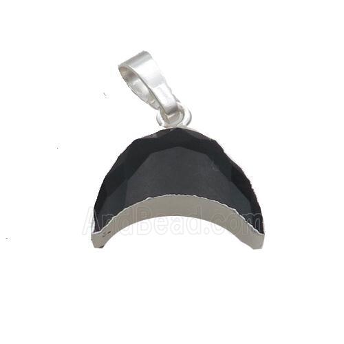Natural Black Agate Moon Pendant Shiny Silver