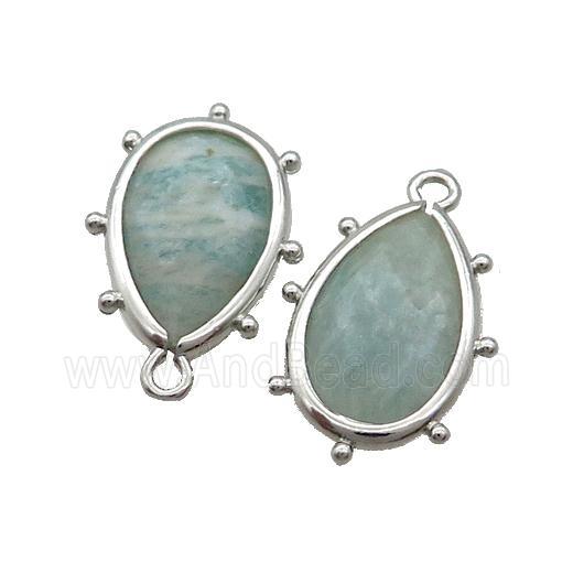 Natural Green Amazonite Teardrop Pendant Platinum Plated