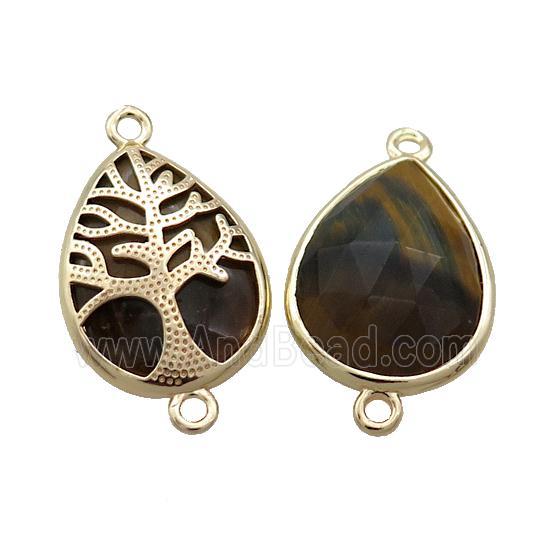 Natural Tiger Eye Stone Teardrop Connector Tree Of Life Gold Plated