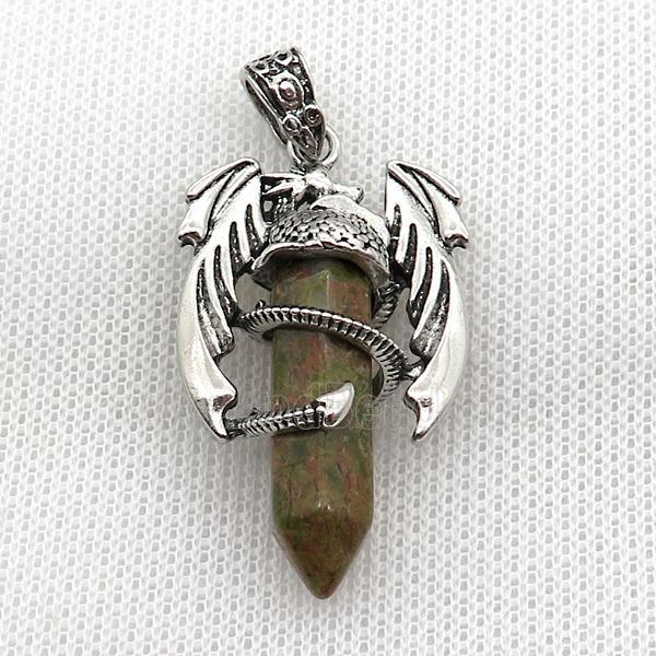 Alloy Dragon Pendant Pave Unakite Antique Silver