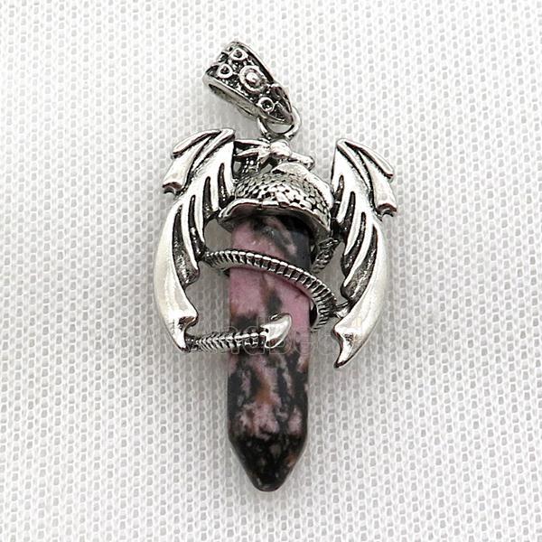 Alloy Dragon Pendant Pave Rhodonite Antique Silver