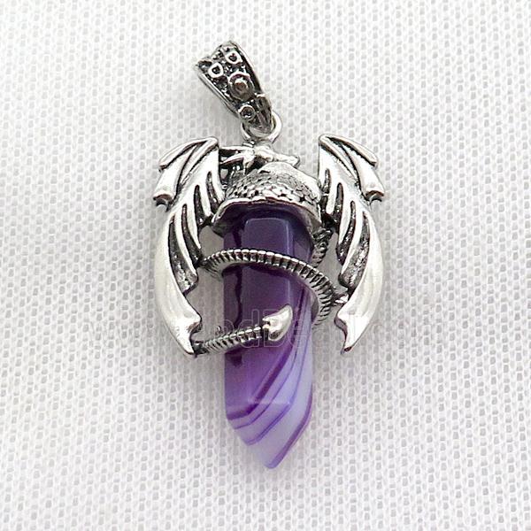 Alloy Dragon Pendant Pave Purple Stripe Agate Dye Antique Silver