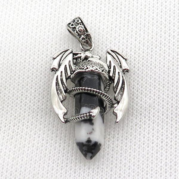 Alloy Dragon Pendant Pave Black White Zebra Jasper Antique Silver