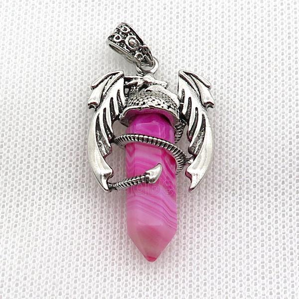 Alloy Dragon Pendant Pave Hotpink Stripe Agate Antique Silver