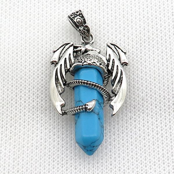 Alloy Dragon Pendant Pave Blue Dye Turquoise Antique Silver