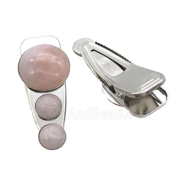 Copper Hair Clips Pave Pink Rose Quartz Platinum Plated