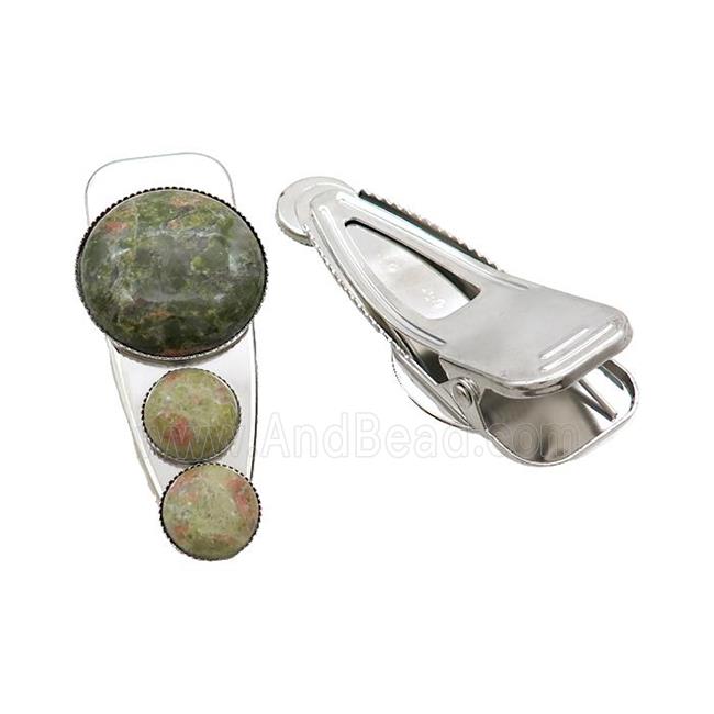 Copper Hair Clips Pave Unakite Platinum Plated
