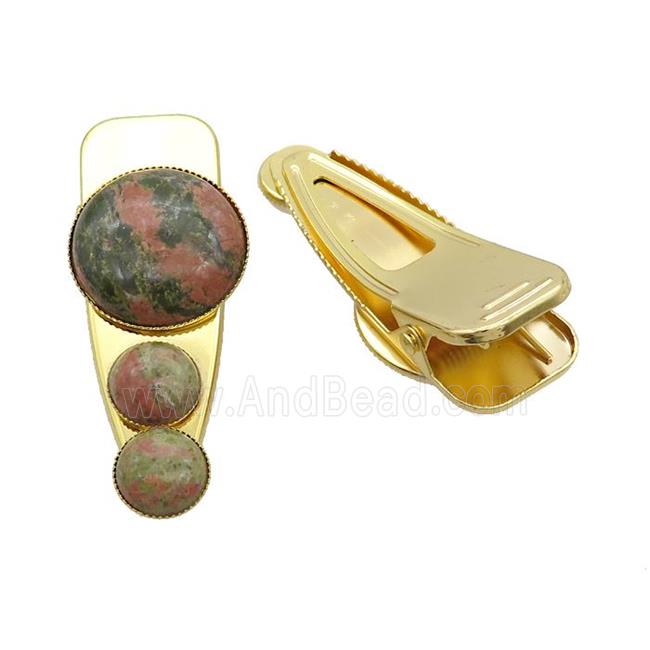 Copper Hair Clips Pave Unakite Gold Plated