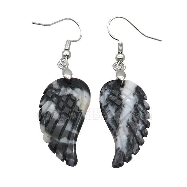 Black White Zebra Jasper Angel Wings Hook Earring