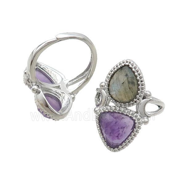 Copper Ring Pave Amethyst Labradorite Adjustable Platinum Plated