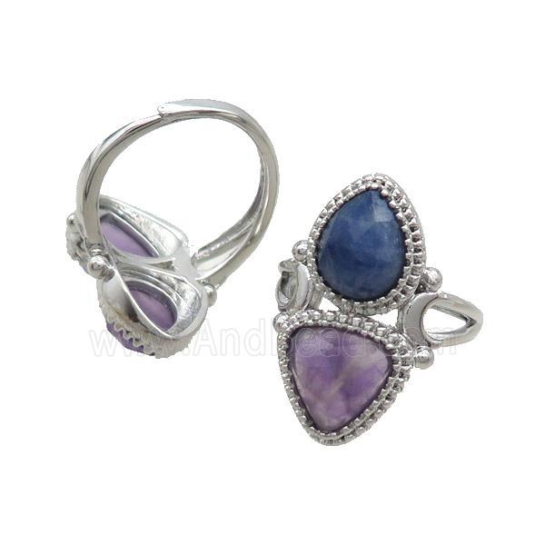 Copper Ring Pave Amethyst Blue Aventurine Adjustable Platinum Plated