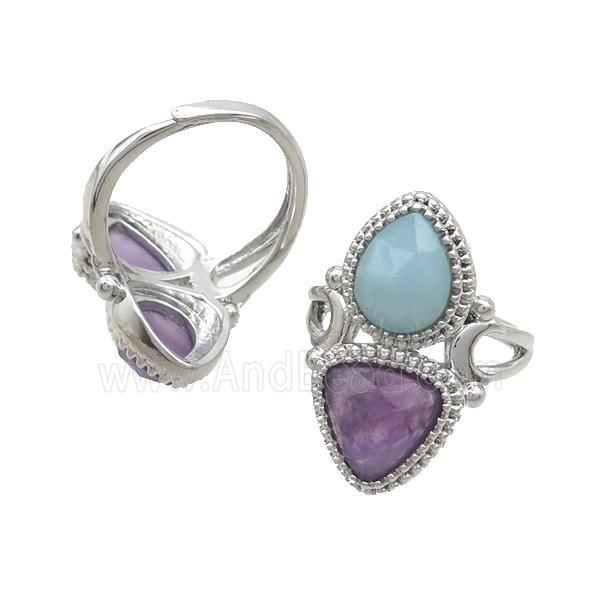 Copper Ring Pave Amethyst Amazonite Adjustable Platinum Plated