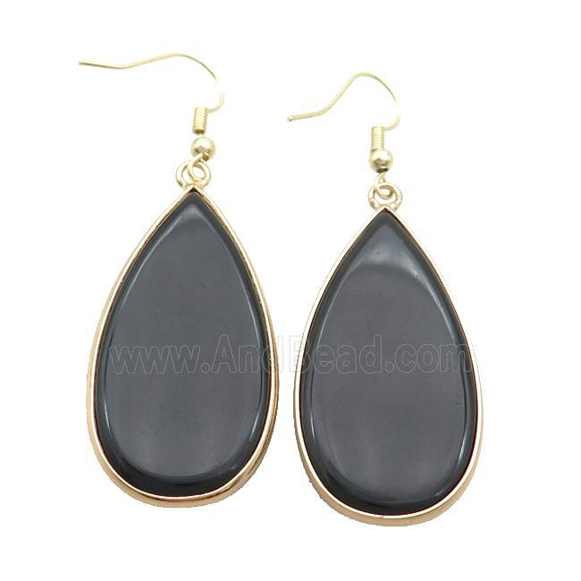 Black Onyx Agate Copper Hook Earrings Teardrop Gold Plated