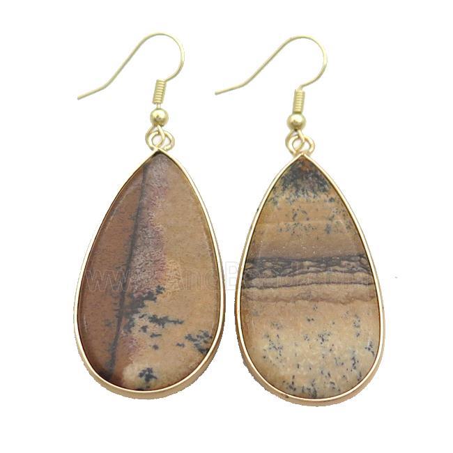 Picture Jasper Copper Hook Earrings Teardrop Gold Plated
