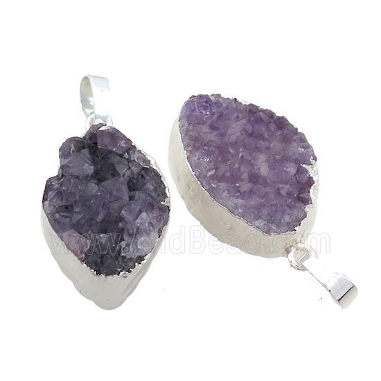 Amethyst Druzy Cluster Pendant Freeform Shiny Silver