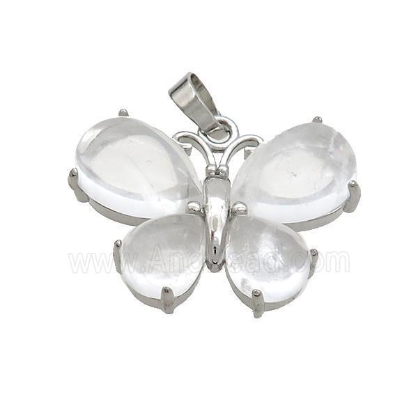 Clear Crystal Quartz Butterfly Pendant Platinum Plated