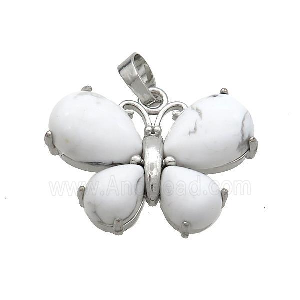 Natural White Howlite Turquoise Butterfly Pendant Platinum Plated
