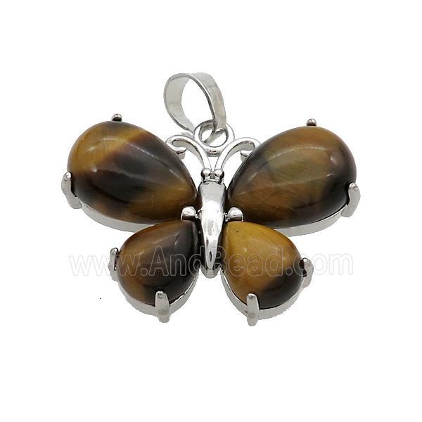 Natural Tiger Eye Stone Butterfly Pendant Platinum Plated