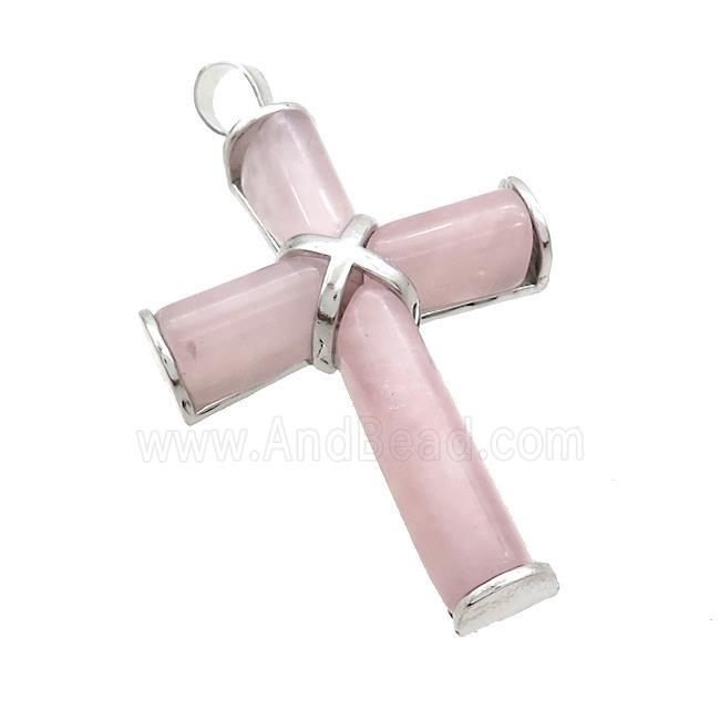 Natural Pink Rose Quartz Cross Pendant Platinum Plated