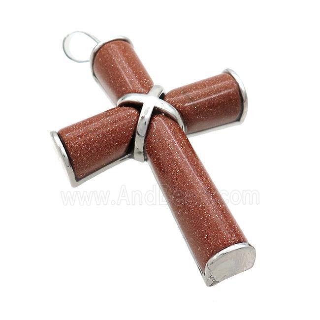 Golden Sandstone Cross Pendant Platinum Plated