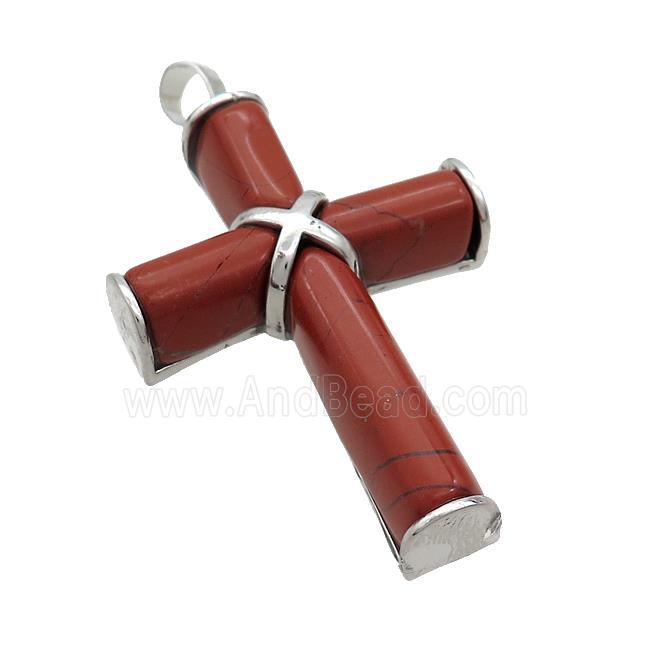 Natural Red Jasper Cross Pendant Platinum Plated
