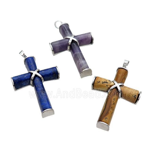 Mix Gemstone Cross Pave Pendant Platinum Plated